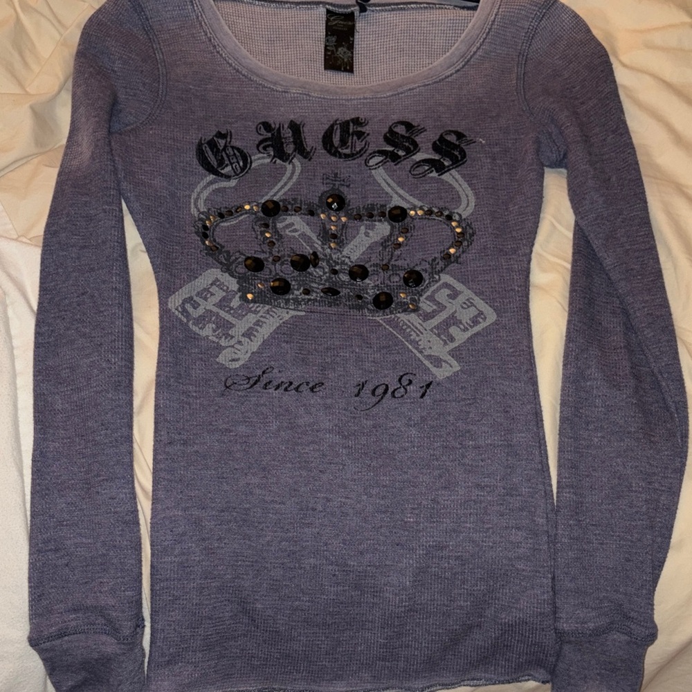 Vintage Y2K studded Guess Purple Long Sleeve Tee with Crown Graphic